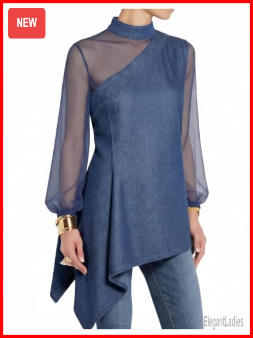 Women's Sheer Long Sleeve Denim Tunic Top Mesh Patchwork Blouse